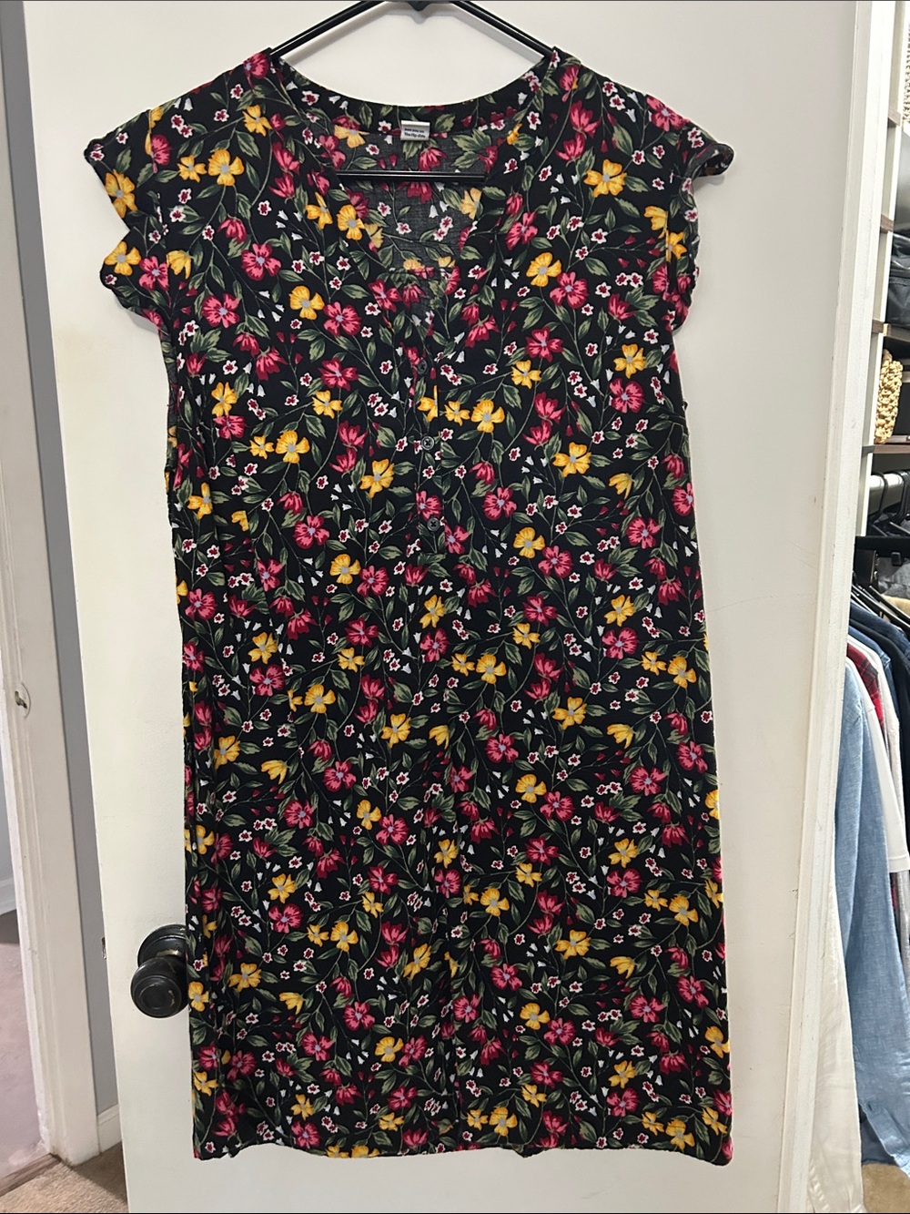 Old Navy Black Floral V-Neck Flutter Sleeve Dress with Pink & Yellow Flowers